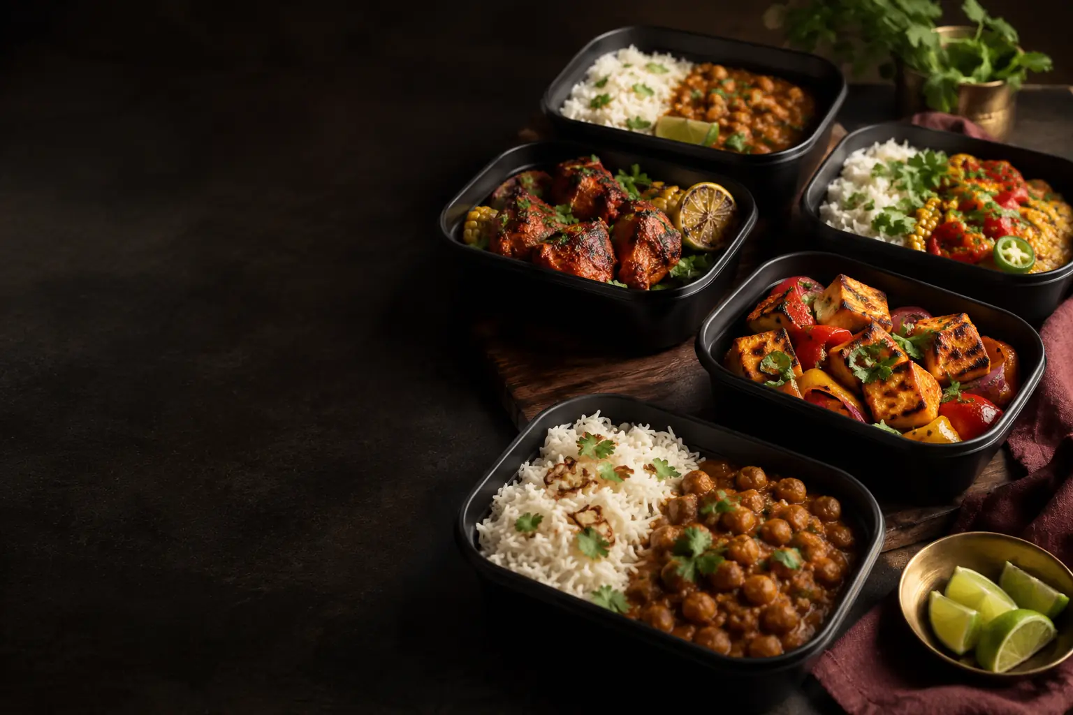 Five premium Indian meal-prep bowls featuring channa, paneer, tandoori chicken, basmati rice and roasted vegetables